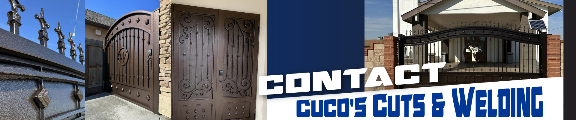 Elegant arched wrought iron gate with decorative elements and wood panel inserts, demonstrating the expertise of Cuco's Cuts & Welding