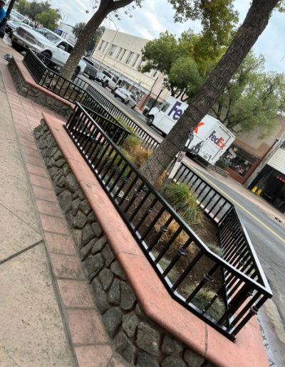 Close-up of a black metal fence with a tree growing through it, in a downtown area