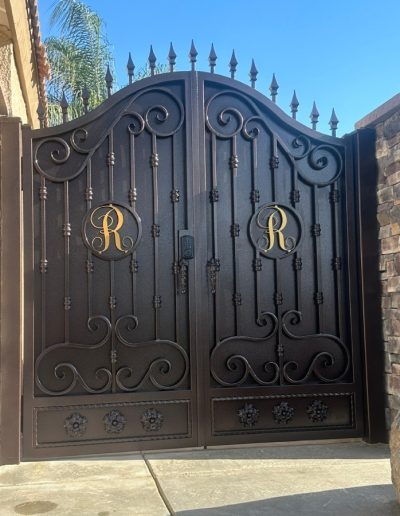 Black metal gate with an arched top, adding a touch of elegance to the home's entrance