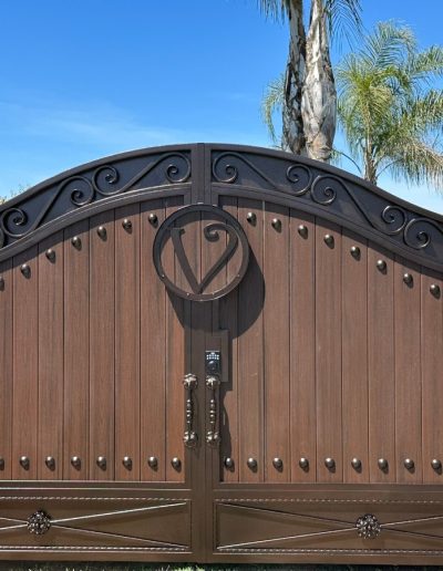 Black metal gate with an arched top and decorative accents, enhancing the curb appeal of the home