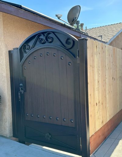 Elegant gate with a wood-like finish and a decorative crest, creating a grand entrance to the property