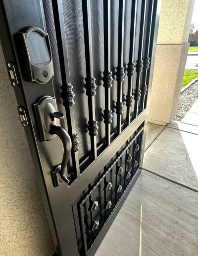 Decorative wrought iron gate with an arched top, providing secure access to a residential property