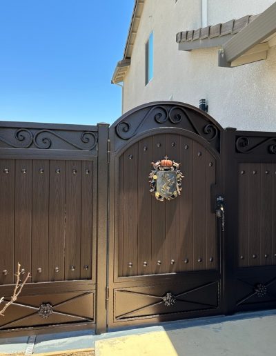Close-up of a black metal gate with intricate details and a curved design