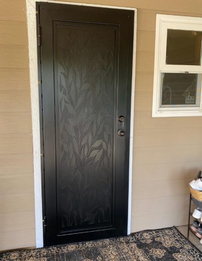 Wrought iron gate with an arched top and decorative details, leading to a home with stone accents