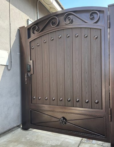 View of a black double gate with an ornate design and decorative accents